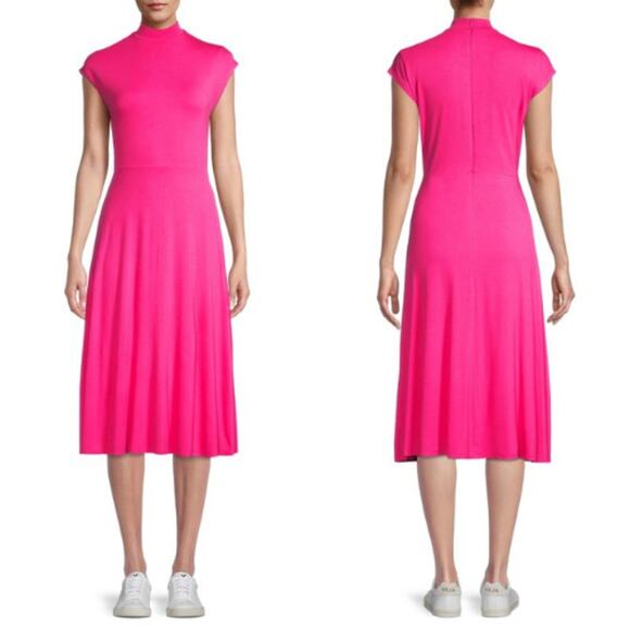 Women's BOSS Ellira Stretch Jersey Cap Sleeve Mockneck Midi Dress Pink Size M - Picture 1 of 7
